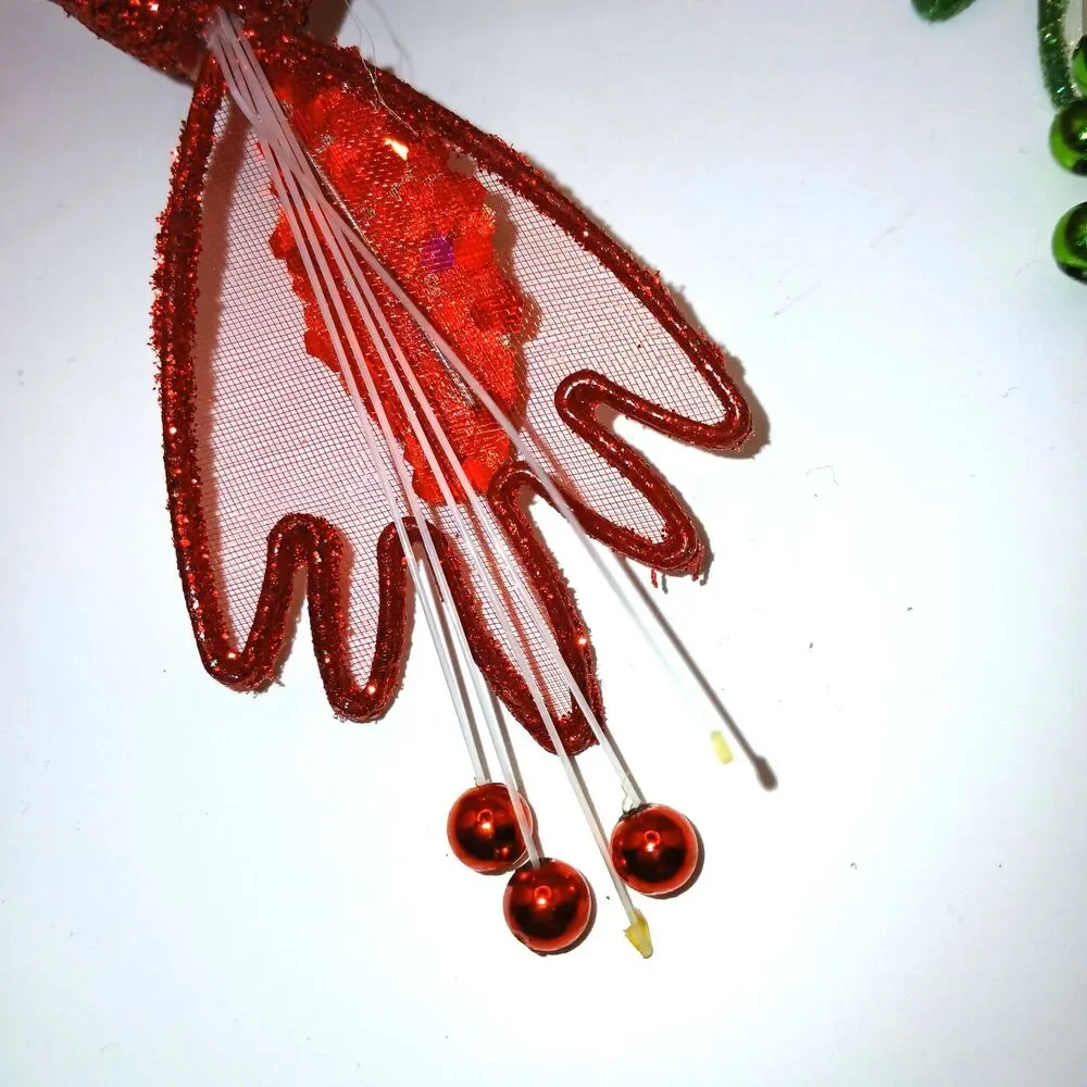 Clip On Bird Ornaments Hummingbirds Red Green Gold Glitter & Sequins Set Of 4